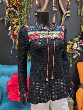 Rare! Free People Black Crochet Tunic with Red & Green Floral Yoke